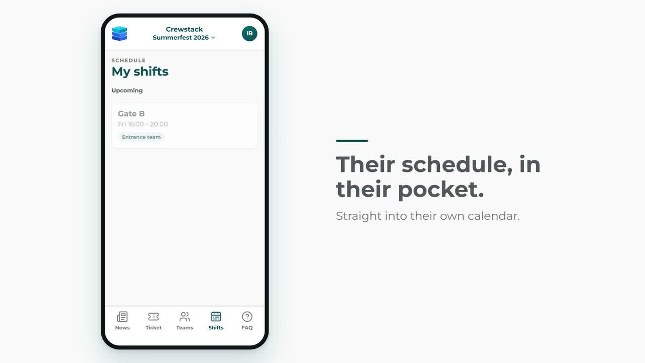 The crew portal on a phone: upcoming shifts with time, meeting point and team